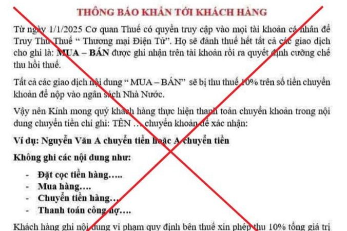 Thông báo về việc thu thuế 10% các giao dịch "MUA-BÁN" đang lan truyền trên các mạng xã hội.
